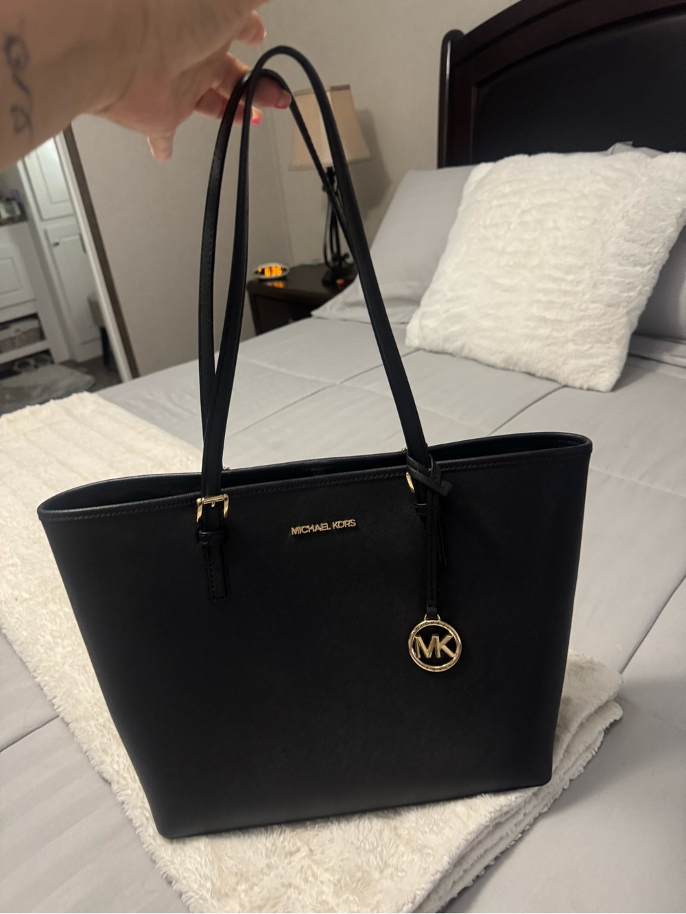 Michael Kors Black Saffiano Tote with Gold MK Charm